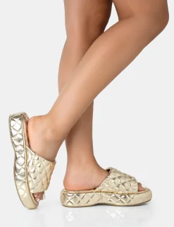 Public Desire Mykonos Flatform Quilted Slider Sandals Gold Shop