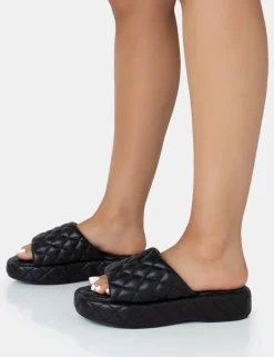 Public Desire Mykonos Flatform Quilted Slider Sandals Black Flash Sale