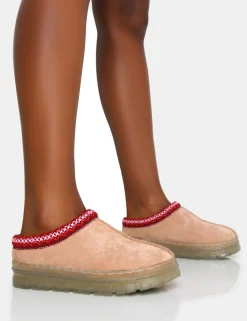 Public Desire Nala Faux Suede Embroidered Slipper Platform Boots Beige Online