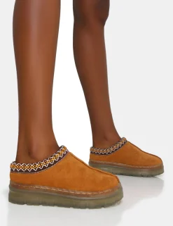 Public Desire Nala Faux Suede Embroidered Slipper Platform Boots Tan Shop