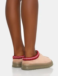 Public Desire Nala Faux Suede Embroidered Slipper Platform Boots Beige Online