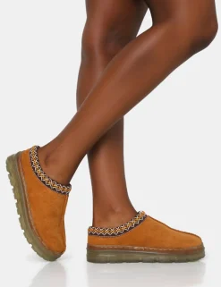 Public Desire Nala Faux Suede Embroidered Slipper Platform Boots Tan Shop
