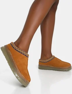 Public Desire Nala Faux Suede Embroidered Slipper Platform Boots Tan Shop