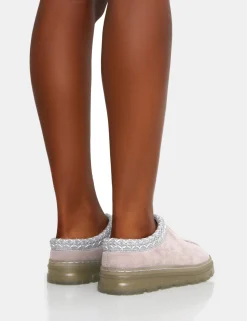 Public Desire Nala Light Faux Suede Embroidered Slipper Platform Boots Grey Shop