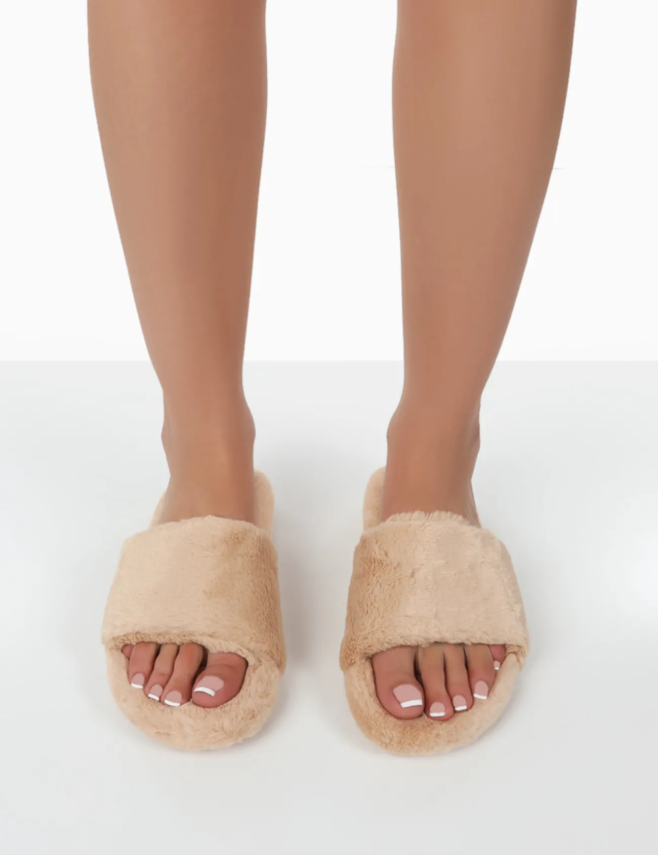 Public Desire Namaste Beige Fluffy Faux Fur Slippers Shop