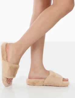 Public Desire Namaste Beige Fluffy Faux Fur Slippers Shop