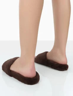 Public Desire Namaste Chocolate Fluffy Faux Fur Slippers Brown Best