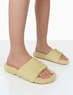 Public Desire Namaste Fluffy Faux Fur Slippers Yellow Store