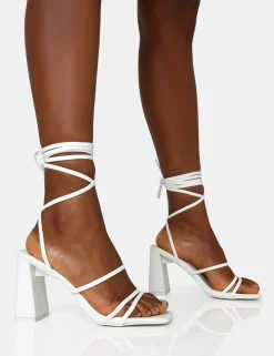 Public Desire Natty Pu Lace Up Square Toe Mid Block Heels White Cheap