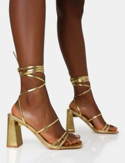 Public Desire Natty Pu Lace Up Square Toe Mid Block Heels Gold Hot