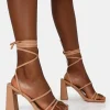 Public Desire Natty Wide Fit Pu Lace Up Square Toe Mid Block Heels Nude Best Sale