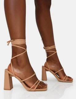 Public Desire Natty Wide Fit Pu Lace Up Square Toe Mid Block Heels Nude Best Sale