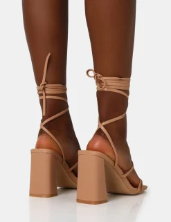 Public Desire Natty Wide Fit Pu Lace Up Square Toe Mid Block Heels Nude Best Sale