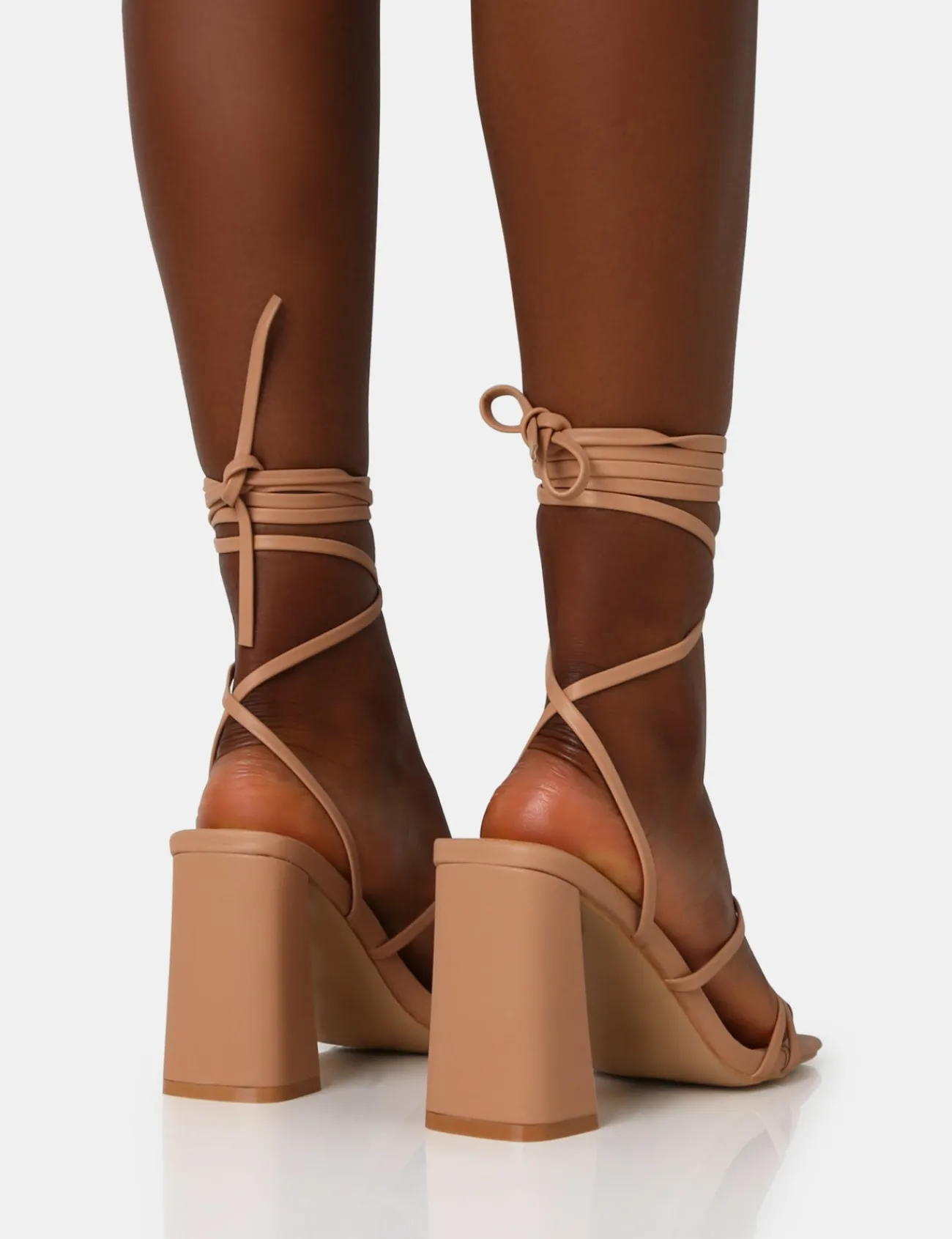 Public Desire Natty Wide Fit Pu Lace Up Square Toe Mid Block Heels Nude Best Sale