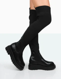 Public Desire New-Me Pu And Knit Over The Knee Chunky Sole Sock Fit Boots Black Shop