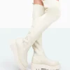 Public Desire New-Me Pu And Knit Over The Knee Chunky Sole Sock Fit Boots Ecru Hot