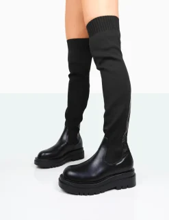 Public Desire New-Me Pu And Knit Over The Knee Chunky Sole Sock Fit Boots Black Shop