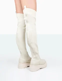 Public Desire New-Me Pu And Knit Over The Knee Chunky Sole Sock Fit Boots Ecru Hot