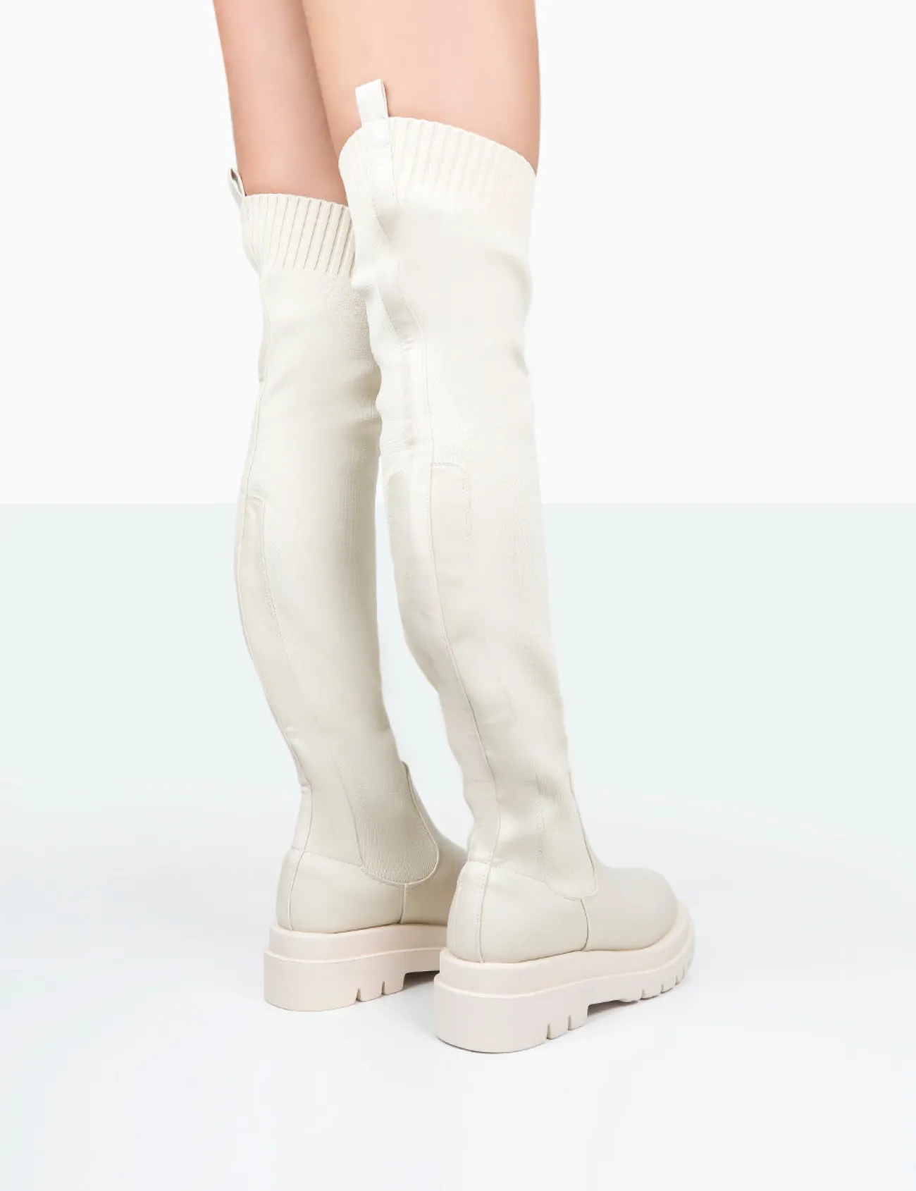 Public Desire New-Me Pu And Knit Over The Knee Chunky Sole Sock Fit Boots Ecru Hot
