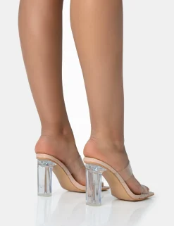 Public Desire Niamh Patent Double Strap Perspex Block Heel Mules Nude Shop
