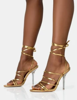 Public Desire Nobu Lace Up Round Toe Perspex Stiletto Heels Gold Discount