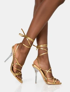 Public Desire Nobu Lace Up Round Toe Perspex Stiletto Heels Gold Discount