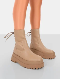 Public Desire Noelle Platform Chunky Sole Lace Up Detail Ankle Boots Camel Fashion