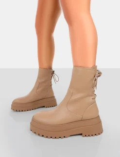 Public Desire Noelle Platform Chunky Sole Lace Up Detail Ankle Boots Camel Fashion