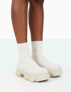 Public Desire Nola Knit Platform Chunky Sole Ankle Boots Ecru Clearance