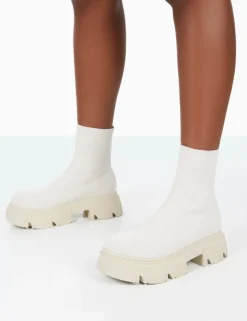 Public Desire Nola Knit Platform Chunky Sole Ankle Boots Ecru Clearance