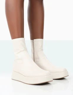 Public Desire Not Okay Pu Chunky Sole Platform Sock Ankle Boots Ecru Cheap