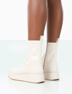 Public Desire Not Okay Pu Chunky Sole Platform Sock Ankle Boots Ecru Cheap