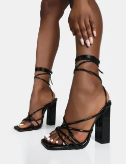 Public Desire Nyla Patent Strappy Lace Up Square Toe Block Heels Black Store