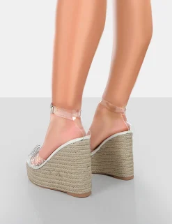 Public Desire Ocean Beach Patent Bow Platform Wedge Heels White Flash Sale