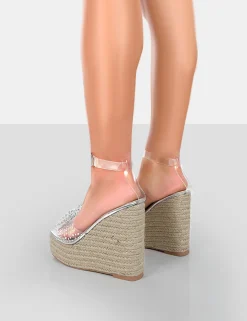 Public Desire Ocean Beach Patent Bow Platform Wedge Heels Silver Sale