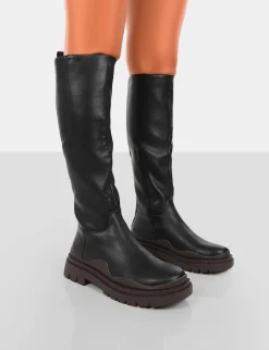 Public Desire On Point Black Pu Chunky Sole Knee High Boots Chocolate Store