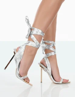 Public Desire On Trend Print Satin Wrap Around Pointed Toe Stiletto Heels Grey New