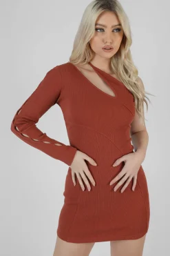 Public Desire One Shoulder Button Sleeve Mini Dress Brown Best Sale