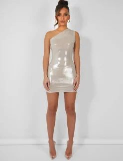 Public Desire One Shoulder Ruched Metallic Mini Dress Champagne Hot