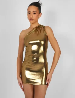 Public Desire One Shoulder Ruched Metallic Mini Dress Gold Online
