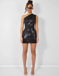 Public Desire One Shoulder Ruched Metallic Mini Dress Black Cheap