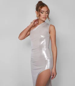 Public Desire One Shoulder Ruched Metallic Midi Dress With Split Champagne Best
