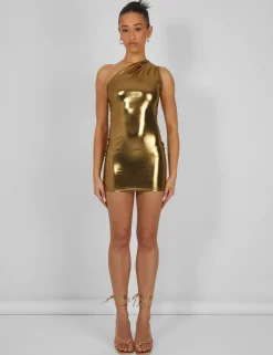 Public Desire One Shoulder Ruched Metallic Mini Dress Gold Online