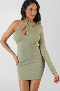 Public Desire One Sleeve Cross Strap Asymmetric Mini Dress Sage Flash Sale