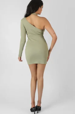 Public Desire One Sleeve Cross Strap Asymmetric Mini Dress Sage Flash Sale