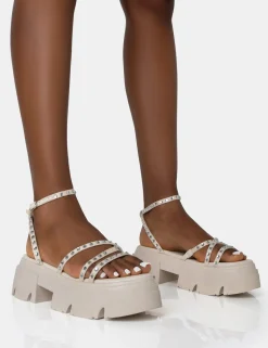 Public Desire Orbit Diamante Strappy Chunky Platform Sole Sandals Ecru Cheap