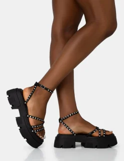 Public Desire Orbit Diamante Strappy Chunky Platform Sole Sandals Black Sale