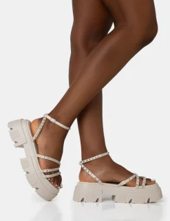 Public Desire Orbit Diamante Strappy Chunky Platform Sole Sandals Ecru Cheap