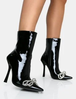 Public Desire Orla Patent Diamante Bow Pointed Toe Stiletto Ankle Boots Black Outlet