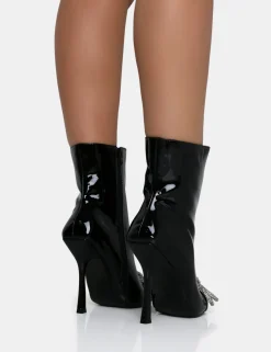 Public Desire Orla Patent Diamante Bow Pointed Toe Stiletto Ankle Boots Black Outlet